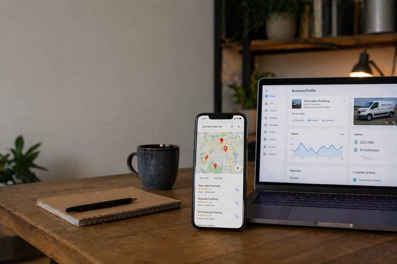 Phone map search and laptop local business profile dashboard showing online visibility work