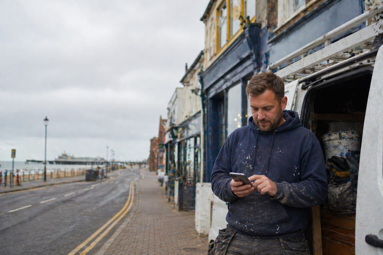 Tradesperson in Redcar checking local website enquiries on a mobile phone
