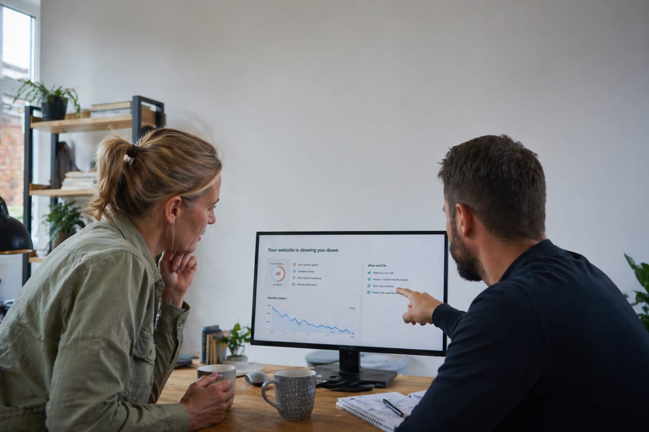 Business owner and consultant reviewing website performance issues on a laptop