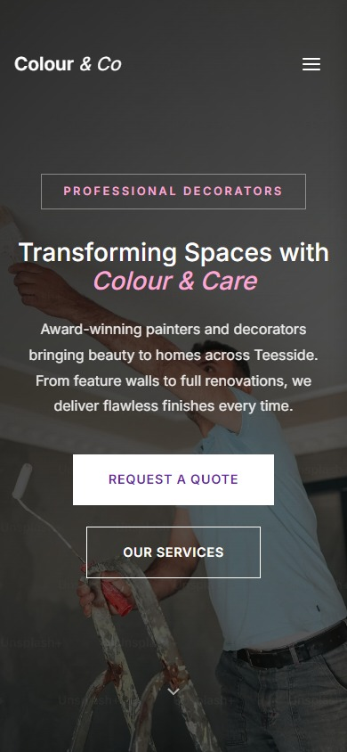 Colour and Co Decorators website with elegant purple tones and full-screen hero image