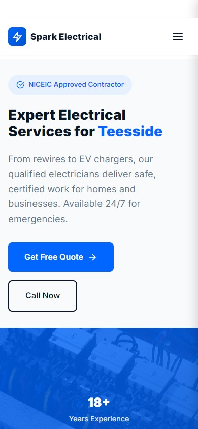 Spark Electrical Services website featuring a split hero layout with blue accents and service listings