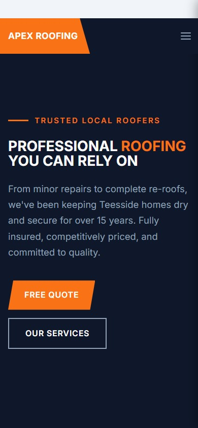 Apex Roofing website with dark industrial design, angled clip-paths, and orange accents