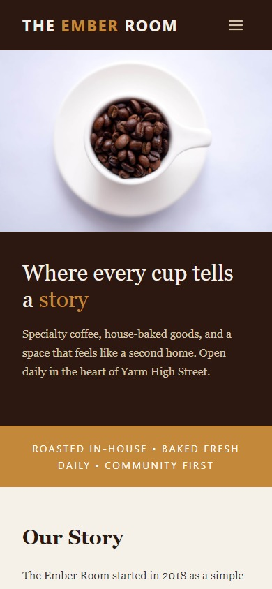 The Ember Room cafe website with warm espresso tones, asymmetric grid hero, and editorial layout
