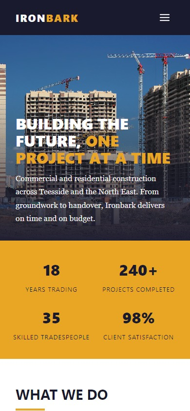 Ironbark Construction website with dark navy theme, safety yellow accents, and project showcase grid