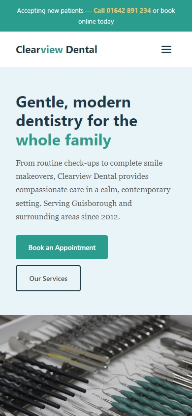 Clearview Dental website with calming teal palette, split hero, and trust-focused design